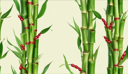 Obraz premium A dense grove of tall, slender bamboo stalks bathed in warm sunlight, creating a serene and tranquil scene.