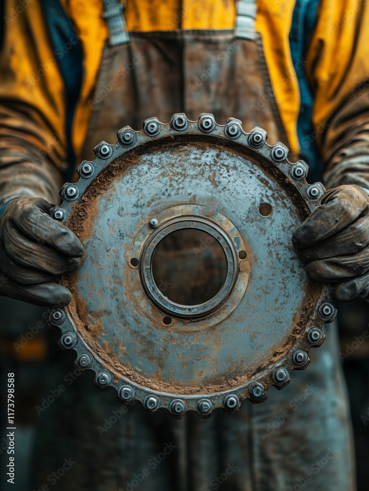 Poster Mechanic focuses on a sprocket in a busy workshop filled with tools