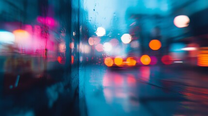 Rainy city night, blurred lights, wet window.
