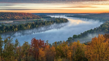 Obraz premium Misty Morning Over River Valley with Vibrant Colors