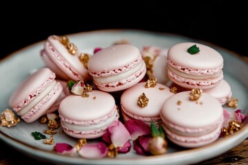 Obraz premium Elegant pink macarons with rose petals and gold decorations on a plate