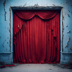 An old, weathered red theater curtain hangs against a cracked, faded blue wall, creating a scene of long-abandoned desolation