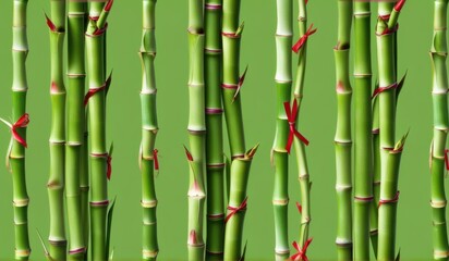 Fototapeta premium A dense grove of tall, slender bamboo stalks bathed in warm sunlight, creating a serene and tranquil scene.