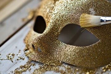 Golden glitter mask being crafted with paintbrush on wooden surface