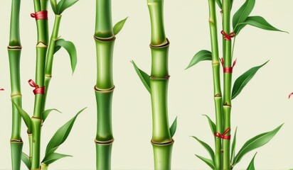 Fototapeta premium A dense grove of tall, slender bamboo stalks bathed in warm sunlight, creating a serene and tranquil scene.