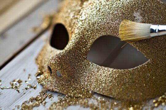 Golden glitter mask being crafted with paintbrush on wooden surface