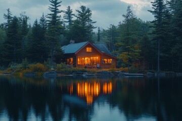 Fototapeta premium Wooden cabin reflecting on a calm lake surrounded by pine trees