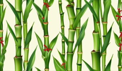 Obraz premium A dense grove of tall, slender bamboo stalks bathed in warm sunlight, creating a serene and tranquil scene.