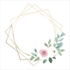 Simple floral frame with golden lines isolated on white background, vector illustration.

