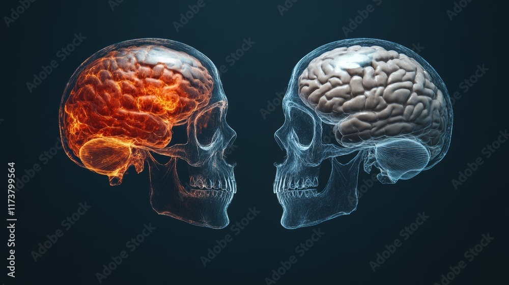Poster transparent human skulls facing each other, one with a glowing red brain and the other with a normal