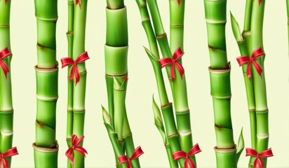 Obraz premium A dense grove of tall, slender bamboo stalks bathed in warm sunlight, creating a serene and tranquil scene.