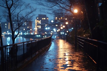Fototapeta premium Wet city street at night with glowing streetlights and reflections
