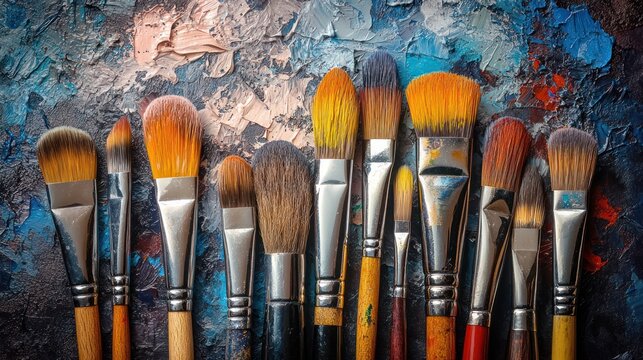 An array of paintbrushes with varying bristle types and sizes displayed against a textured and colorful painted background ideal for art projects or promotional material.