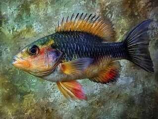 Dynamic fish motif in hyperrealistic detail underwater scene art creation vibrant environment close-up view