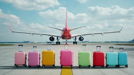 Colorful travel suitcases standing in a row at the airport, creating a cheerful atmosphere as a plane prepares for departure