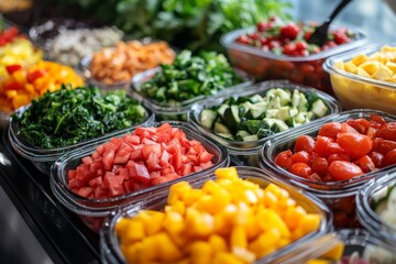 Fresh vegetables and colorful salad ingredients neatly arranged on a market stand