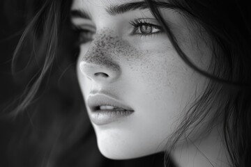 Fototapeta premium Grayscale portrait of a young woman with the wind blowing her hair