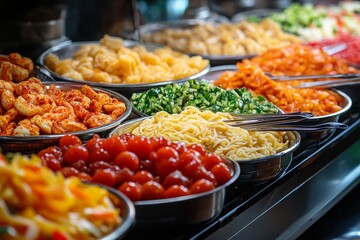 Obraz premium Close-up of freshly prepared vibrant food platters with various colorful dishes