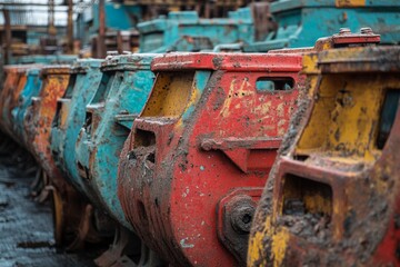 Fototapeta premium Old colorful fishing boat abandoned on a grassy shore