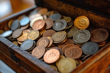 Closeup of old coins in a wooden box on a rustic table