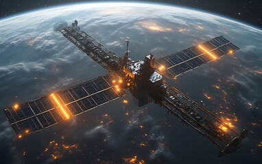 Satellite orbiting Earth at night, illuminated solar panels. (2)