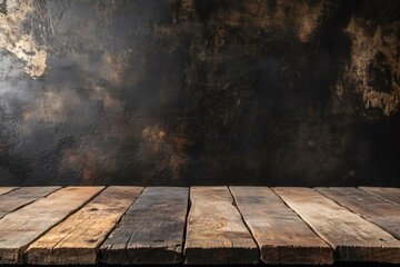 Empty wooden table top on dark grunge background for product placement