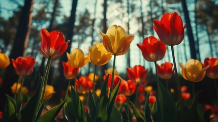 Obraz premium Low-angle view of red and yellow tulips in a forest.