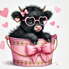 Fototapeta premium Cute black calf in pink bucket with hearts fun illustration whimsical art style adorable vibe