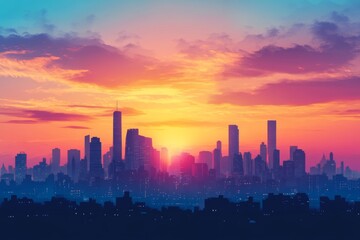 Fototapeta premium Silhouette of modern skyline at sunset with vibrant sky