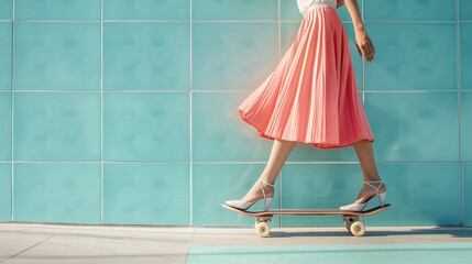 A woman wearing a pink skirt and high heels, standing on a skateboard, with her legs visible, against a blue tile background. 