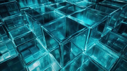 Teal glass cubes background, abstract 3D rendering.