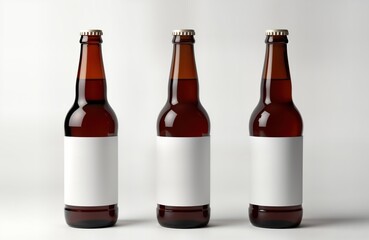 Three brown beer bottles with blank white labels presented on white background. Modern minimalist design mock-up for branding, product design purposes. Empty space for customization, brand identity.