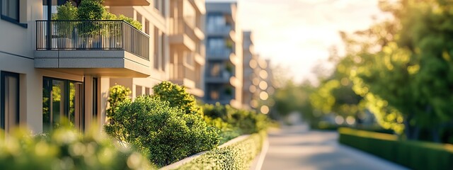 Morning residential street with multi-storey buildings on the outskirts of the city