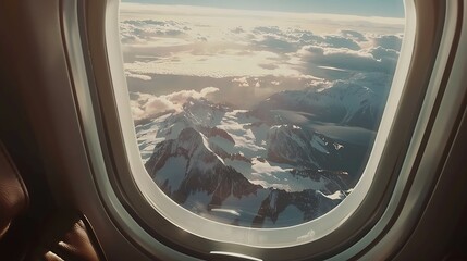 Naklejka premium A scenic flight view of a snow-capped mountain range seen from an airplane window.