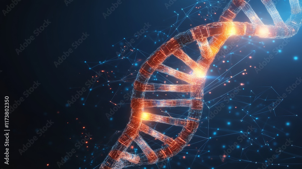 Poster Plexus lines and points forming a rotating dna helix molecule on a blue background, representing medical research, genetic engineering, and the future of healthcare