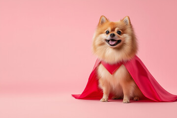 A fluffy dog wearing a red superhero cape and sitting on color background.