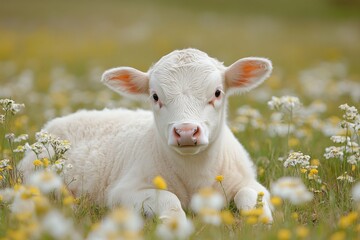 Naklejka premium Cute lamb standing in a meadow with flowers on a sunny day