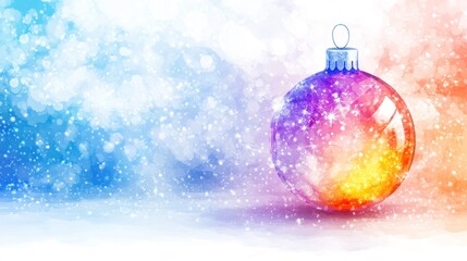 Fototapeta premium A colorful Christmas ornament glows against a snowy watercolor background. Ideal for holiday cards, social media posts, website banners, or festive digital backgrounds.