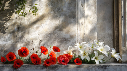 Poppies and Lilies Against Weathered Stone Wall