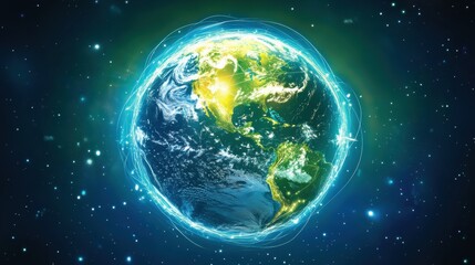 Obraz premium an illustration of the Earth with glowing lines connecting major cities, symbolizing global communication and technological advancement