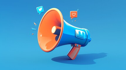 3D Megaphone with Hashtags and Bell Notification, Symbolizing Social Media Promotion and Network Announcements