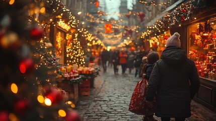 Naklejka premium A festive street scene adorned with holiday lights and decorations.