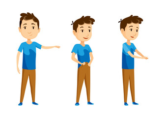 Cartoon character boy. Set with different postures, attitudes and poses, always in positive attitude, doing different activities. Cartoon vector illustration