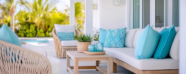 Coastal patio with light blue accents, driftwood furniture, and beachy vibes