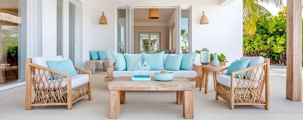 Coastal patio with light blue accents, driftwood furniture, and beachy vibes