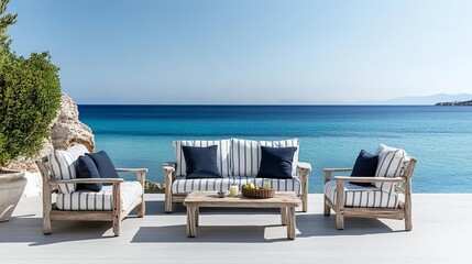 Coastal patio with nautical stripes and driftwood furniture