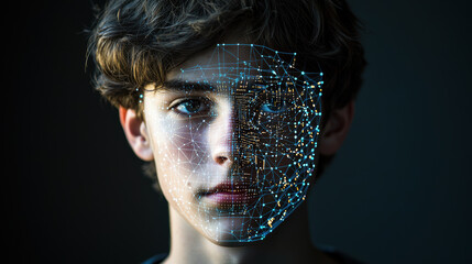Young man’s face with digital network overlay highlighting facial recognition and technology in a futuristic ai concept visualization