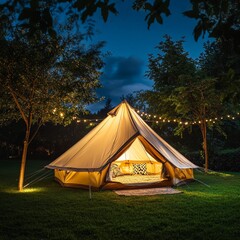 Outdoor camping tent with tarp or flysheet on grass courtyard and warm night light under dark night sky, family vacation picnic on holiday relax, Overview of camping of family tourist. 