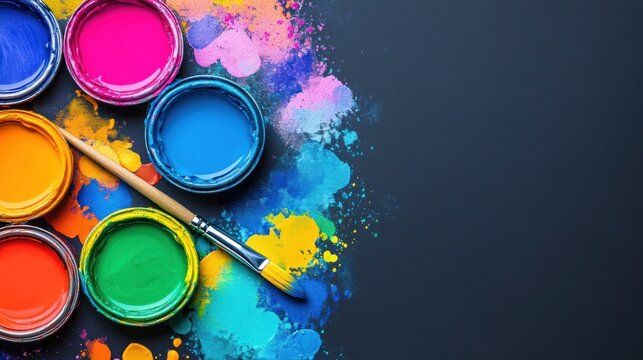 Vibrant paint cans splattered on a dark background with a paintbrush. Ideal for art supply ads or creative project promotions.
