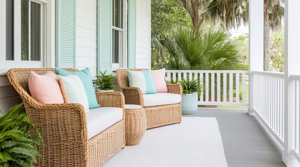 Coastal patio with wicker chairs and pastel accents